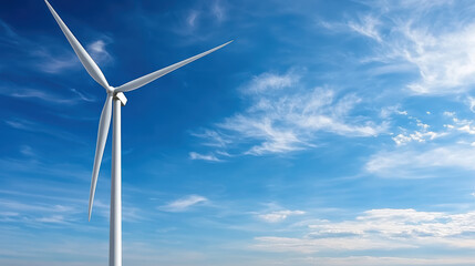 Fototapeta premium Wind turbine stands tall against bright blue sky with fluffy clouds, showcasing renewable energy