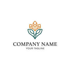 Elegant abstract logo design featuring stylized golden crown elements above teal leaves, with placeholder company text.