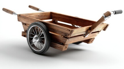 A stylish wooden wheelbarrow with metal rims and handles, perfect for gardening, landscaping, or recreational activities, This versatile image can be used in advertising, blogs
