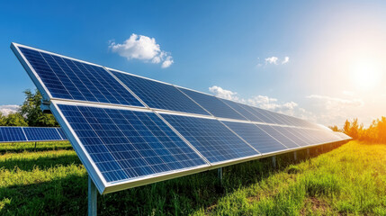 Solar panels in field under clear sky, capturing sunlight for renewable energy