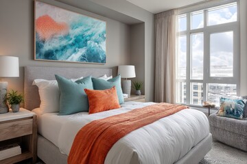 Modern bedroom features bed with colorful throw and pillows, window with city view, and art