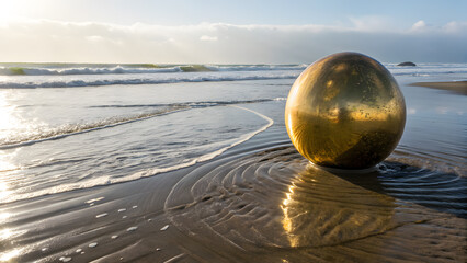 Golden sphere sculpture on a sandy beach with waves