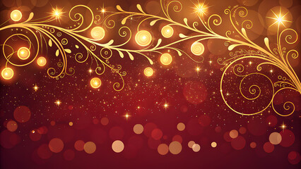 Golden Swirls and Bokeh on Red Festive Background red background