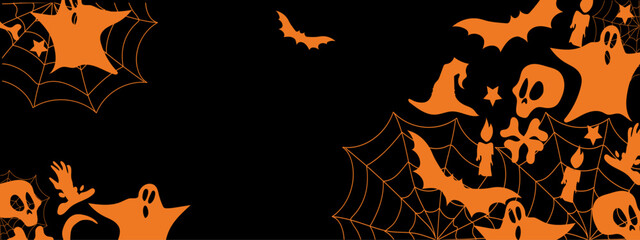 Background Halloween with Fancy Elements. Empty space billboard. Halloween Elements on black Background. Website Spooky, Background or Banner 