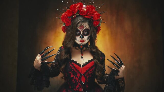 Closeup gothic fantasy woman with halloween make-up sugar skull sceleton body art beauty scary face red lips roses in wavy dark hair. sexy girl finger rings black claws longring posing with hands 4k