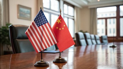 American and chinese flags on a conference table