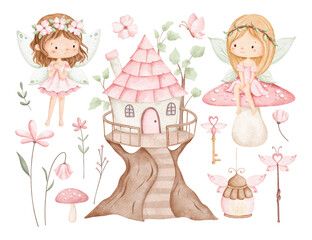 Watercolor Illustration Set of Pink Flower Fairy and Floral Elements © Stella
