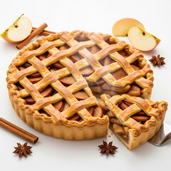 Vegan Apple Pie with Lattice Crust, Cinnamon Dessert on White

