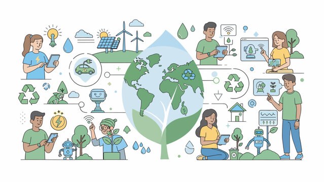 People interact with sustainable technology and green energy solutions for a healthier planet and ecofriendly future, showcasing environmental awareness and innovation.