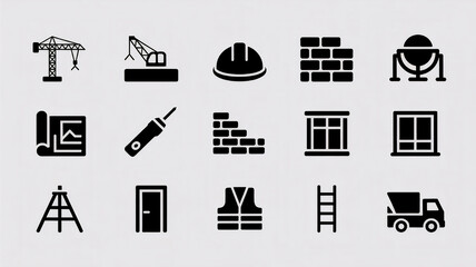 Construction Icons: 15 Simple White Background Designs