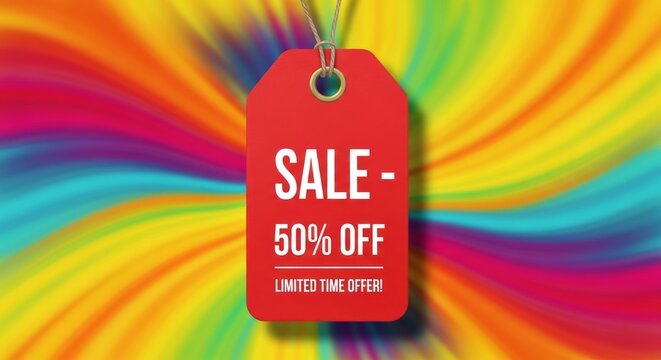 Colorful Sale Tag Promo - Limited time offer, 50% off sale, vibrant colors, discount, retail promotion. Symbolizes savings, excitement, deals, bargains and opportunity