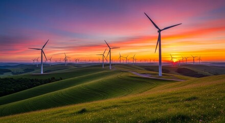 Wind Turbines at Sunset Over Rolling Hills - Green energy, sustainable power, renewable resources, environmental conservation, clean technology.