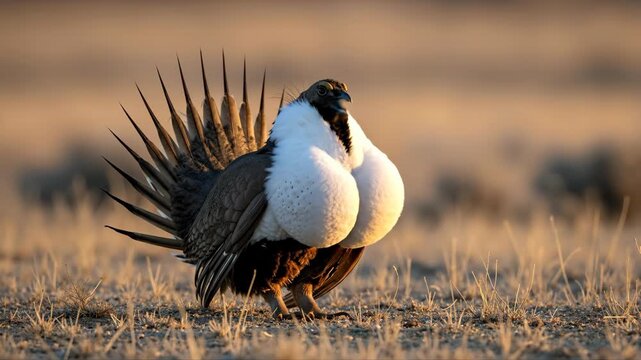 Male greater sage-grouse performing mating display on lek at sunrise. Wildlife photography of bird with fanned tail and inflated air sacs. Courtship ritual and animal behavior in nature banner