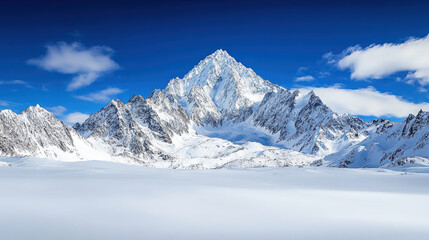 Obraz premium Majestic mountain landscape with snowy peaks clear blue sky, evoking sense of tranquility