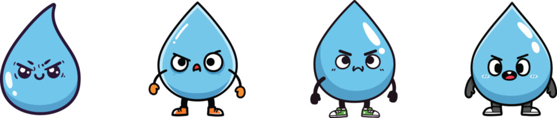 Four cute cartoon water drops with different expressions and arms isolated on vector