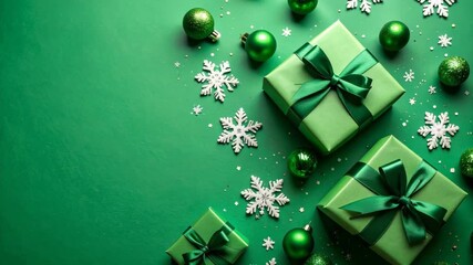 Festive green presents wrapped with ribbons, Christmas decorations and white snowflakes scattered on a green surface