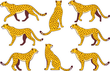 Collection of Cheetahs in Various Poses on White Background