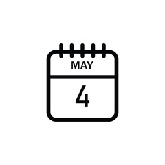 A minimalist line art icon of a calendar page displaying the month of May and the date 4.