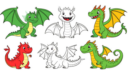 Cartoon dragon set with outline version