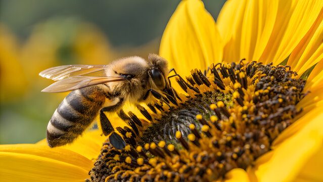 Honey bee on a bright yellow sunflower collecting nectar - Powered by Adobe