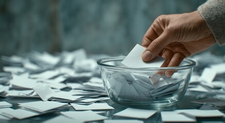 A hand selecting a paper from a glass bowl full of small white papers on a surface