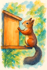 A watercolor postcard of a squirrel sitting at a feeding trough