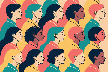 Diverse group of women in profile view with colorful background