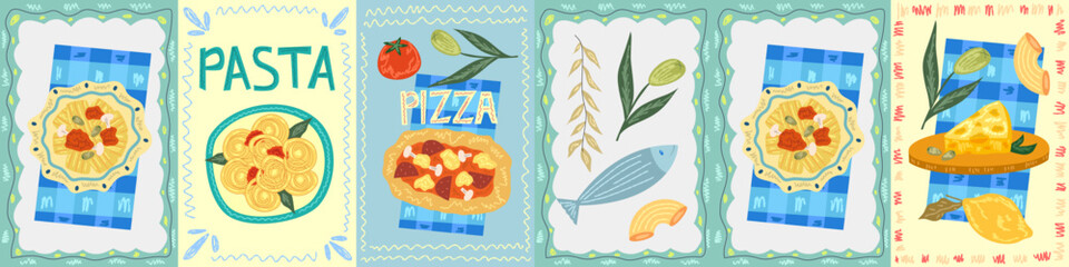 Naklejka premium Blue set food poster with pasta and pizza. Italian food poster. Kitchen postcard with Italian spaghetti, cheese and sardine