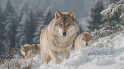 Obraz premium Majestic wolves in a snowy winter landscape, forest background