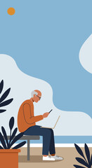 Young man working remotely on his laptop at a high table with a coffee cup, symbolizing modern flexible work, productivity, and a digital lifestyle.