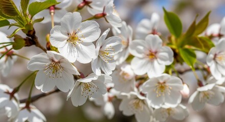 Fototapeta premium Delicate Spring Blossoms - Springtime beauty, nature's renewal, delicate petals, pure white flowers, vibrant life. Symbolizing hope, new beginnings, serenity, purity, and fleeting beauty