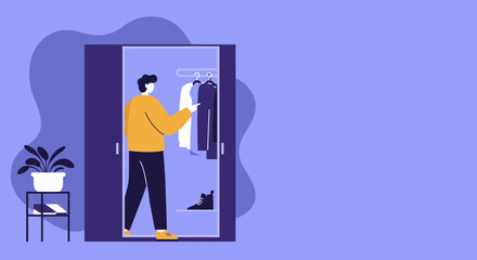A person thoughtfully choosing clothes from an open wardrobe, representing daily routine, personal style, organization, and lifestyle decisions.