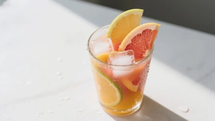 A refreshing drink with fruits such as grapefruit and lime, against a simple background, fully shows freshness and attractiveness.