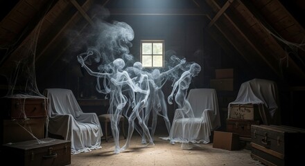 Ethereal figures dance in a dusty attic, illuminated by a single window's light