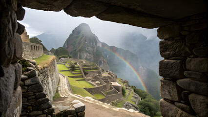 Machu Picchu ancient Inca ruins with rainbow and mist