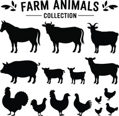Fototapeta premium Farm animal silhouette icon set with horse, cow, goat, pig, sheep, rooster, hen, chick, and lamb in black vector style