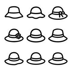 Nine Stylish Sun Hat Icon Designs in Bold Outline.