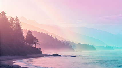 Misty Coastal Mountains at Sunrise with Pastel Hues