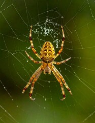 An Elegant Golden Orb-Weaver Spider on a Dew-Kissed Web, a Modern and Artistic Display Capturing the Subtle Essence of a Halloween Season