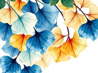 Obraz premium Artistic Display of Watercolor Ginkgo Leaves in Vibrant Blues, Yellows, and White