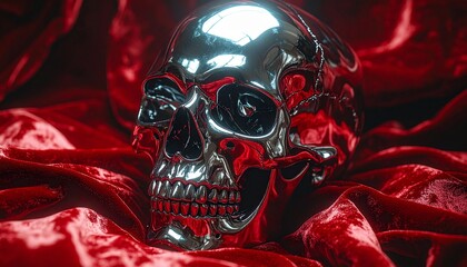 A strikingly modern and elegant chrome skull, dramatically lit on deep red velvet, perfect for a sophisticated Halloween theme