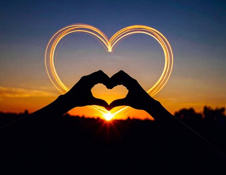 heart hand silhouette at sunset