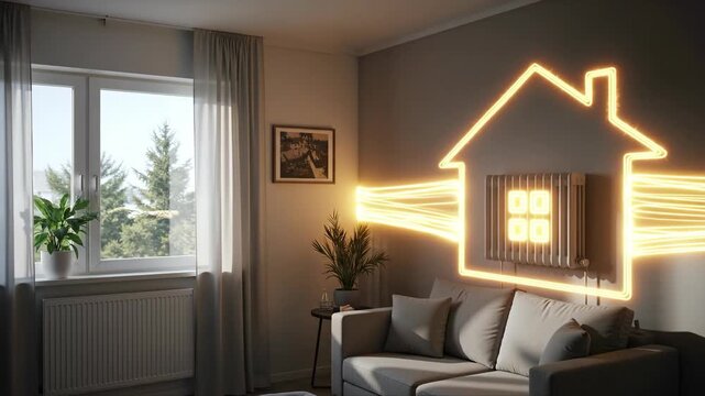 Glowing energy lines flowing into radiator forming house icon in living room. Conceptual banner for home heating and energy efficiency. Smart home technology and power consumption concept.