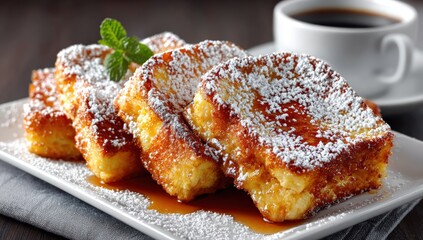 Golden French toast with syrup and powdered sugar, mint garnish, and coffee in the background