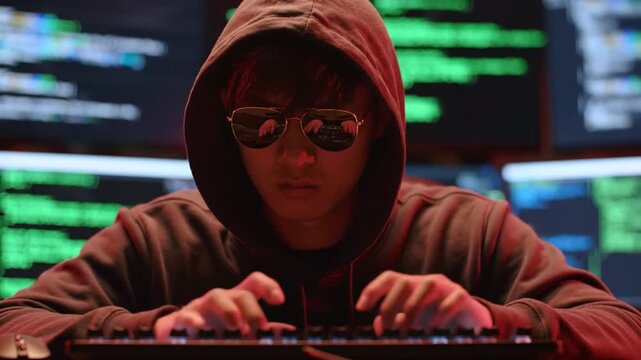 Asian Hacker in Hoodie and Sunglasses Typing on Keyboard with Code Reflecting