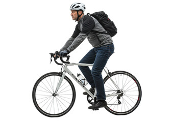 Naklejka premium A focused middle-aged caucasian man in a grey athletic jacket and dark jeans actively rides a white road bicycle, black backpack, on a transparent background, concept of active commuting