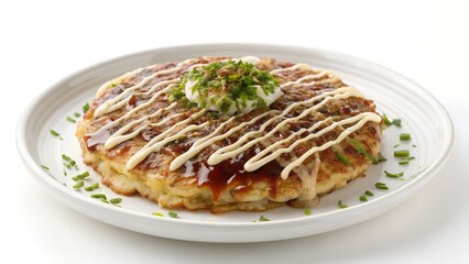 side view of okonomiyaki pancake on white plate isolated on white 