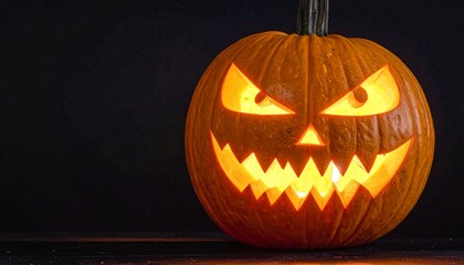 Fototapeta premium Halloween pumpkin smile and scary eyes for party night. Close up view of scary Halloween pumpkin with eyes glowing inside at black background. Selective focus 