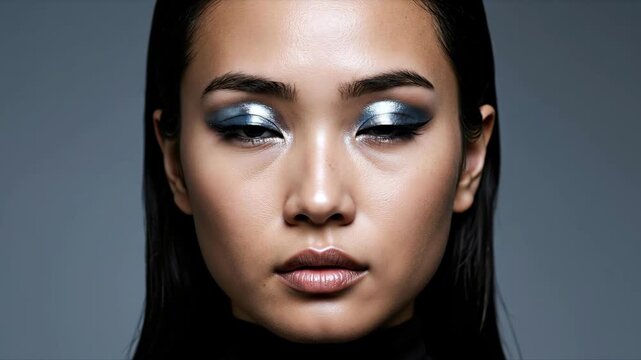 Close-up of asian woman with closed eyes and metallic blue smokey eye makeup. High fashion beauty portrait. Cosmetics and skincare concept. Professional makeup artistry banner