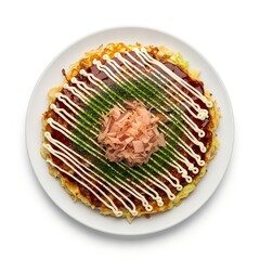Okonomiyaki Pancake on plate on white background 